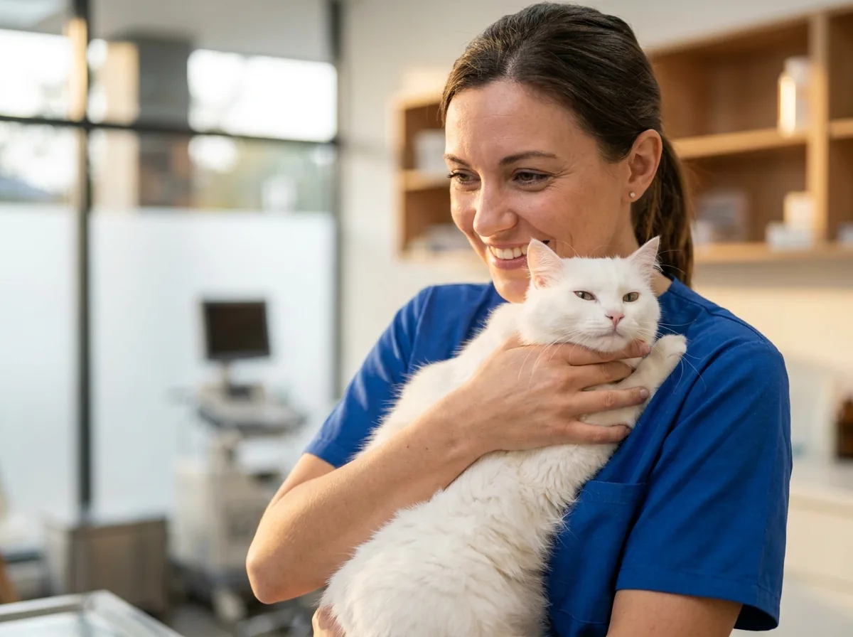 Gato blanco en brazos de una veterinaria
