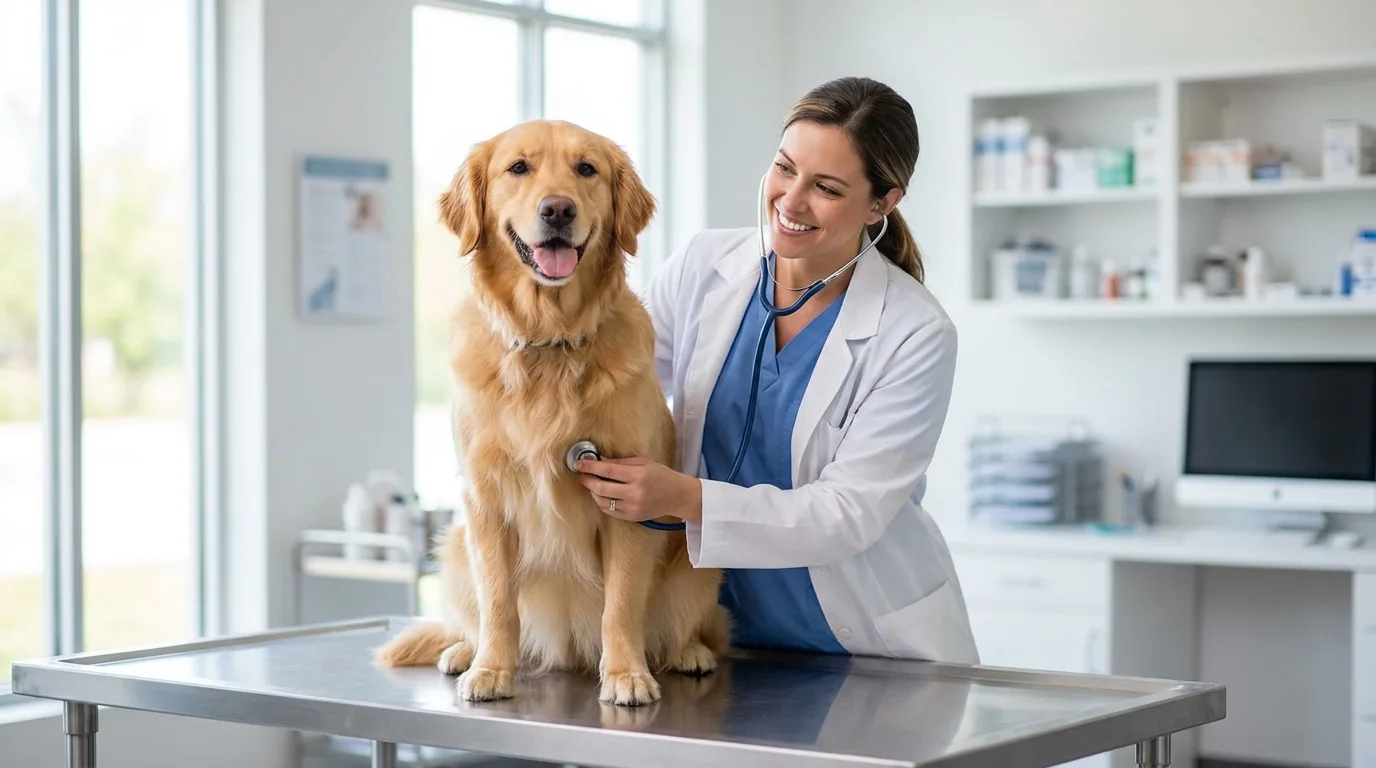 Veterinaria auscultando a un golden retriever